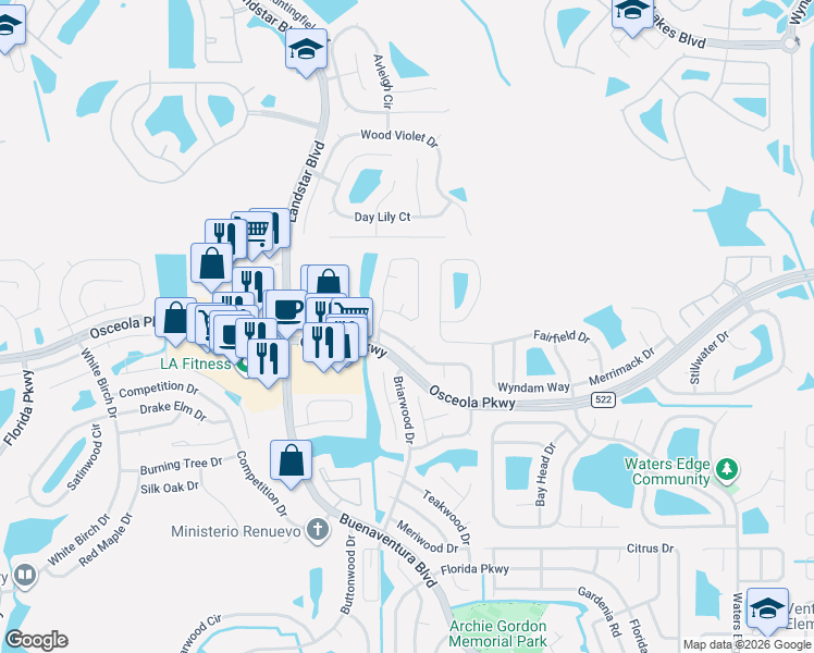 map of restaurants, bars, coffee shops, grocery stores, and more near 188 Pinewood Circle in Kissimmee