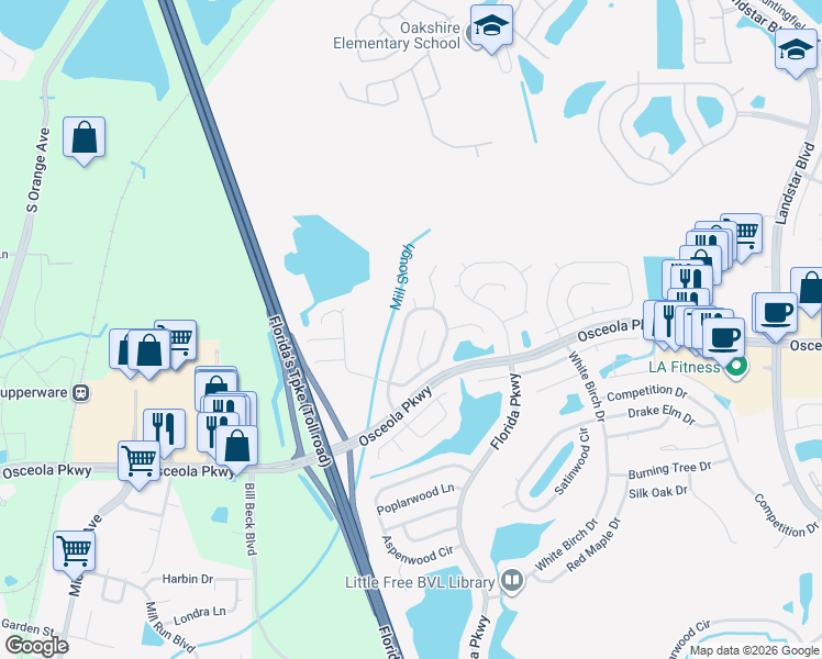 map of restaurants, bars, coffee shops, grocery stores, and more near 222 Applewood Court in Kissimmee