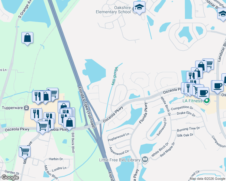 map of restaurants, bars, coffee shops, grocery stores, and more near 134 Coralwood Circle in Kissimmee