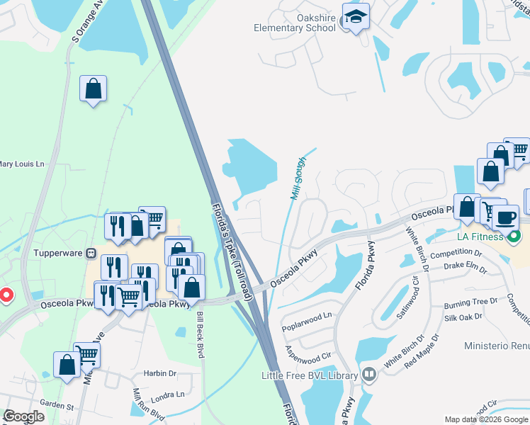 map of restaurants, bars, coffee shops, grocery stores, and more near 245 Coralwood Court in Kissimmee