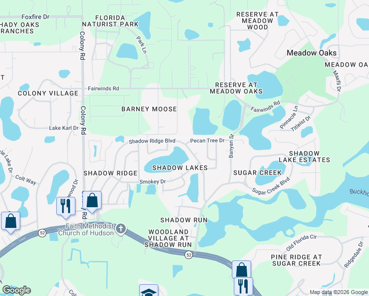 map of restaurants, bars, coffee shops, grocery stores, and more near 12520 Shadow Ridge Boulevard in Hudson