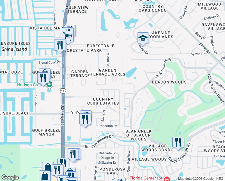 map of restaurants, bars, coffee shops, grocery stores, and more near 7404 University Drive in Hudson
