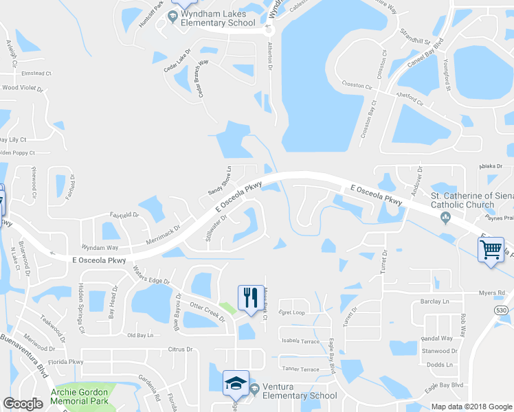 map of restaurants, bars, coffee shops, grocery stores, and more near 3011 Stillwater Drive in Kissimmee