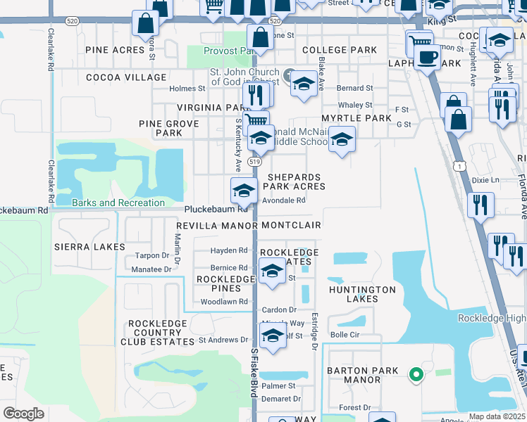 map of restaurants, bars, coffee shops, grocery stores, and more near 1008 South Fiske Boulevard in Rockledge