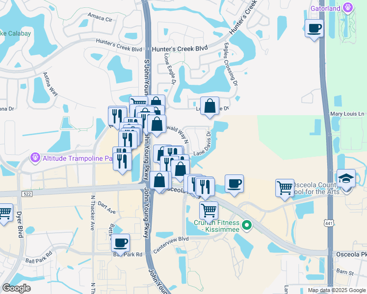 map of restaurants, bars, coffee shops, grocery stores, and more near 1301 Santa Rosa Drive in Kissimmee