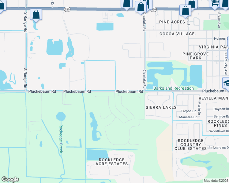 map of restaurants, bars, coffee shops, grocery stores, and more near 1700 Pluckebaum Road in Rockledge