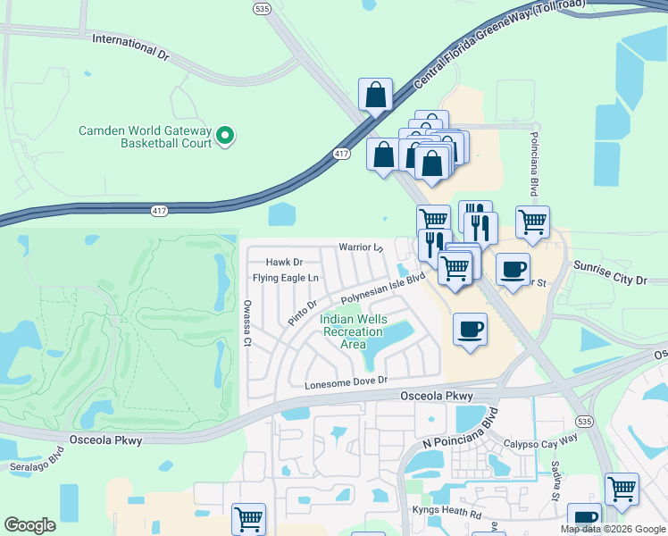 map of restaurants, bars, coffee shops, grocery stores, and more near 3265 Thunder Cloud Drive in Kissimmee