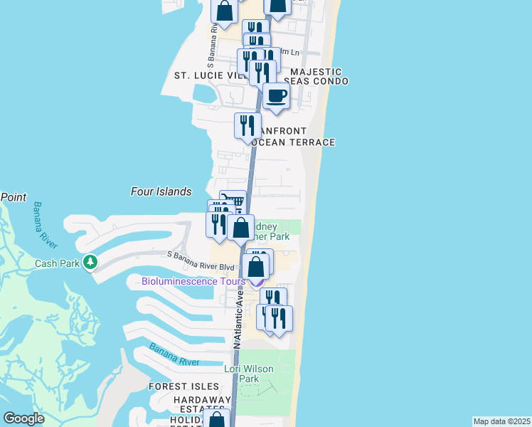 map of restaurants, bars, coffee shops, grocery stores, and more near 3010 Fisher Park Drive in Cocoa Beach