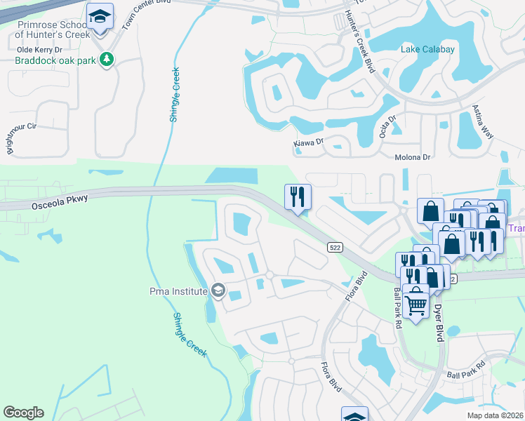 map of restaurants, bars, coffee shops, grocery stores, and more near 3145 Stonehurst Circle in Kissimmee