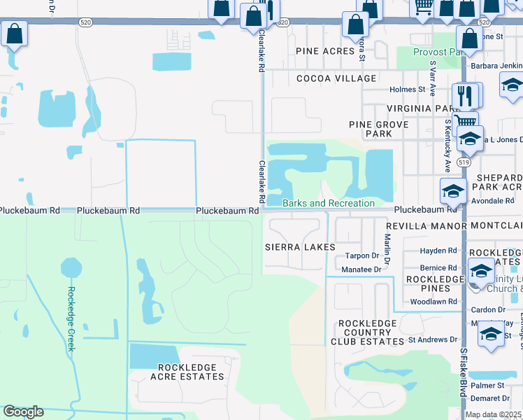 map of restaurants, bars, coffee shops, grocery stores, and more near 1 Clearlake Road in Rockledge