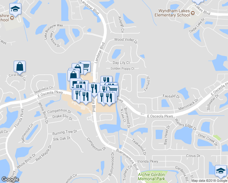 map of restaurants, bars, coffee shops, grocery stores, and more near 1011 Wood Cove in Kissimmee
