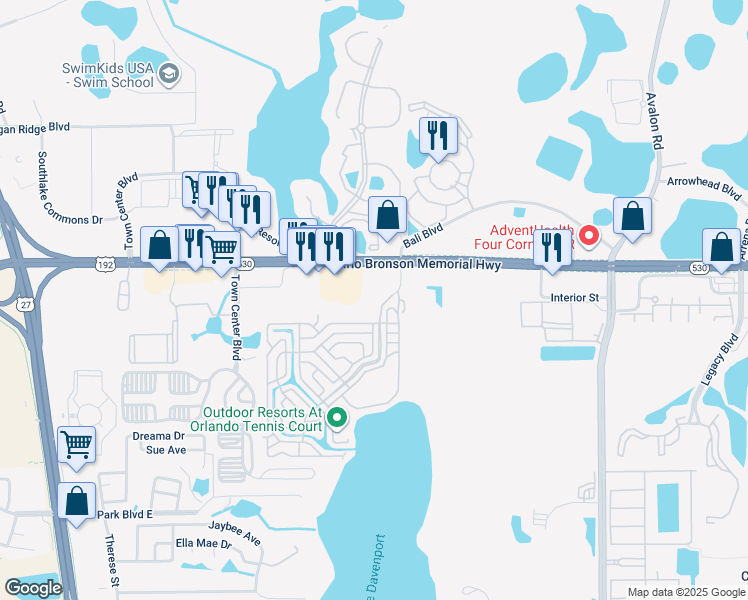 map of restaurants, bars, coffee shops, grocery stores, and more near 9200 West Irlo Bronson Memorial Highway in Clermont