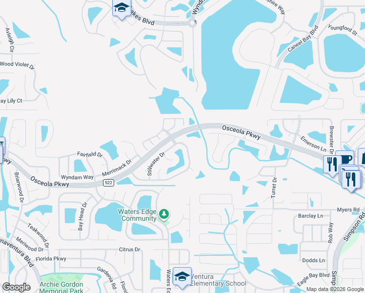 map of restaurants, bars, coffee shops, grocery stores, and more near 3011 Stillwater Drive in Kissimmee