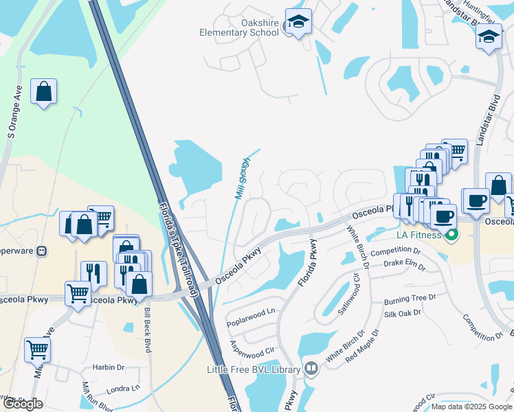 map of restaurants, bars, coffee shops, grocery stores, and more near 222 Applewood Court in Kissimmee