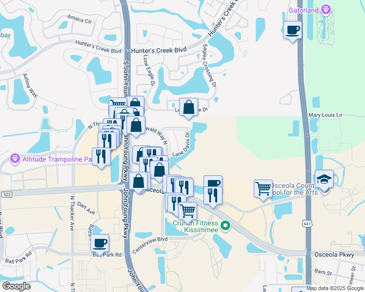 map of restaurants, bars, coffee shops, grocery stores, and more near 1140 Cypress Glen Circle in Kissimmee