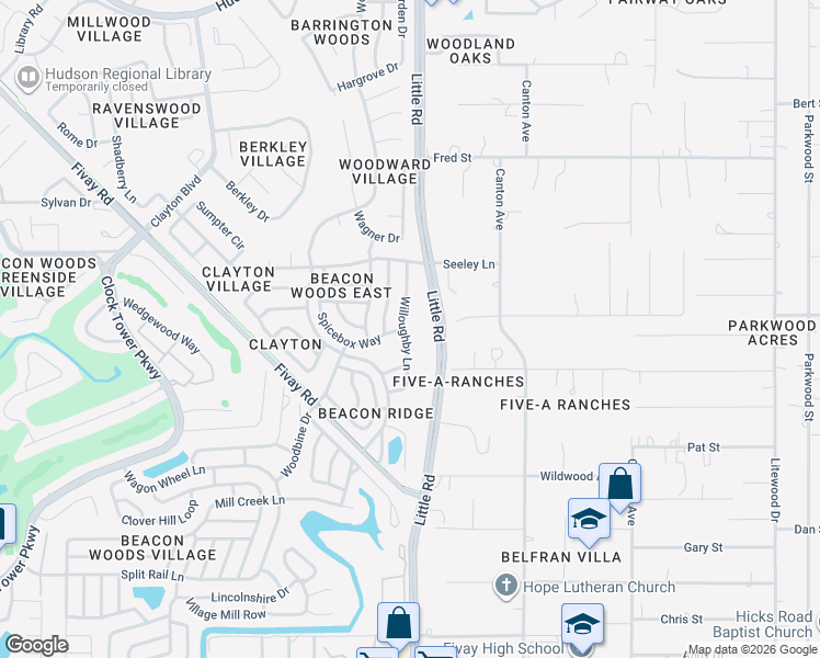 map of restaurants, bars, coffee shops, grocery stores, and more near 12912 Willoughby Lane in Hudson