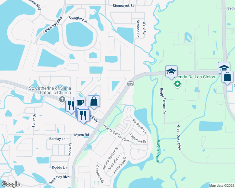 map of restaurants, bars, coffee shops, grocery stores, and more near 3309 Amberley Park Circle in Kissimmee