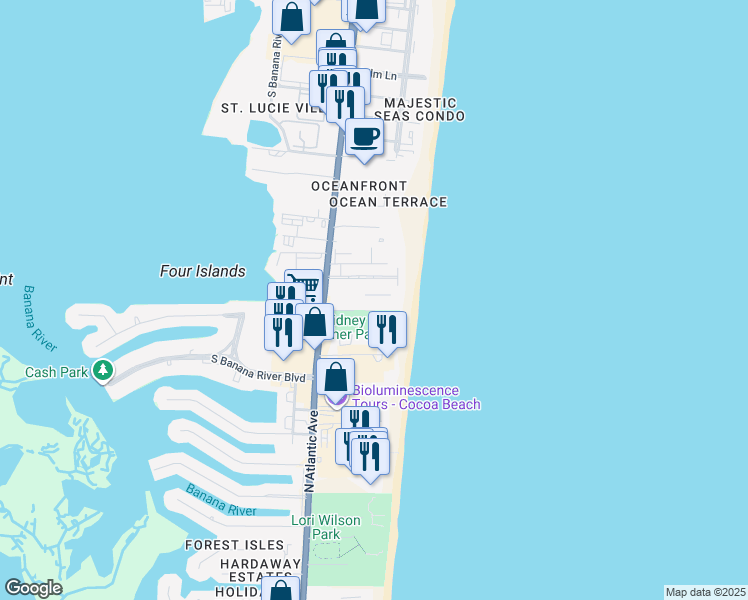 map of restaurants, bars, coffee shops, grocery stores, and more near 3060 North Atlantic Avenue in Cocoa Beach