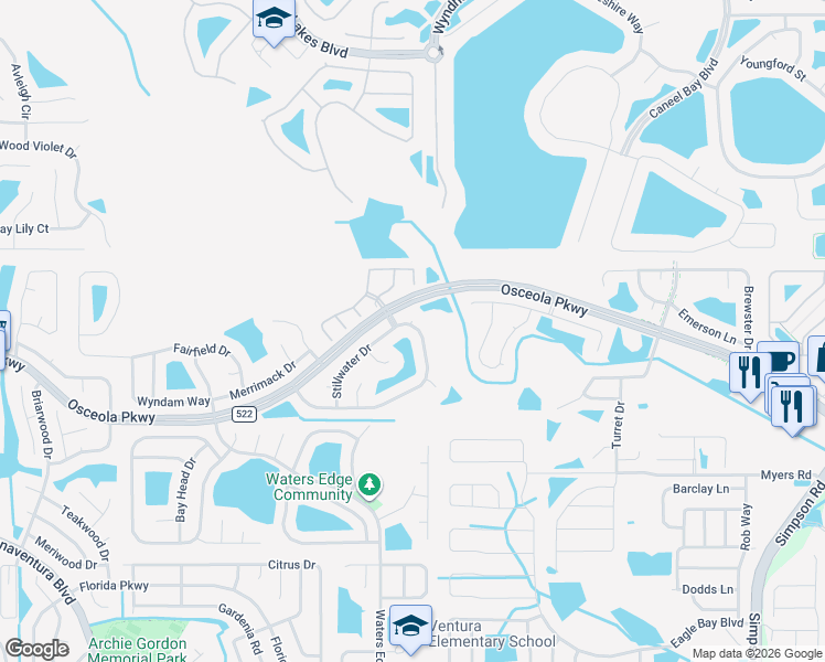 map of restaurants, bars, coffee shops, grocery stores, and more near 3011 Stillwater Drive in Kissimmee