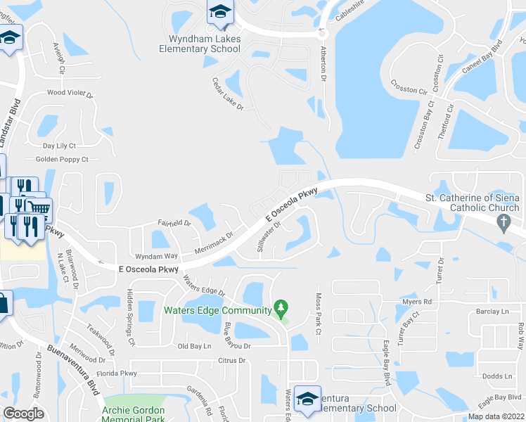 map of restaurants, bars, coffee shops, grocery stores, and more near 3100 Landsend Court in Kissimmee
