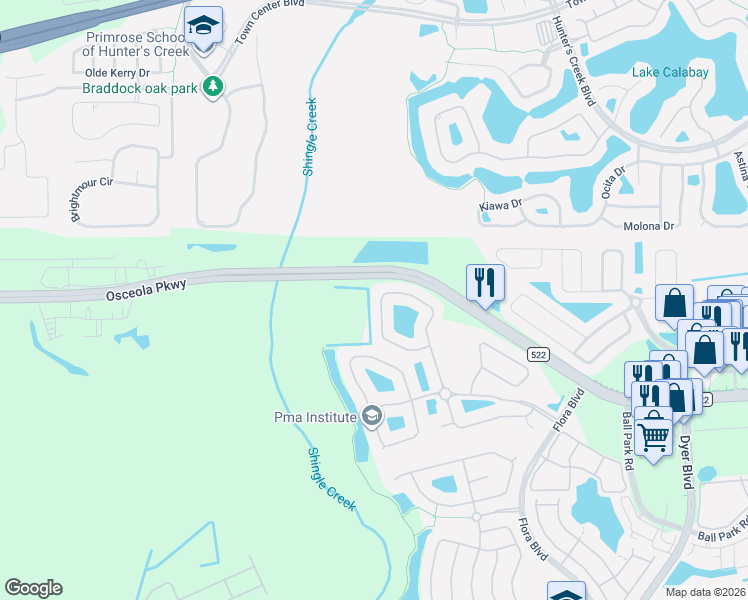 map of restaurants, bars, coffee shops, grocery stores, and more near 3181 Stonehurst Circle in Kissimmee