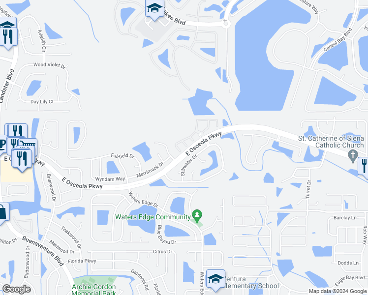 map of restaurants, bars, coffee shops, grocery stores, and more near 3100 Landsend Court in Kissimmee