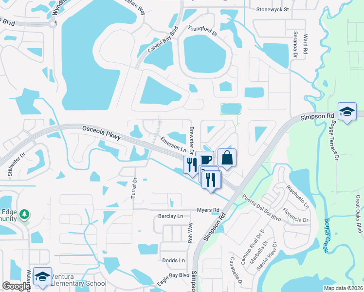 map of restaurants, bars, coffee shops, grocery stores, and more near 2735 Emerson Lane in Kissimmee