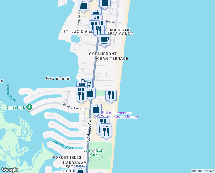 map of restaurants, bars, coffee shops, grocery stores, and more near 3060 North Atlantic Avenue in Cocoa Beach