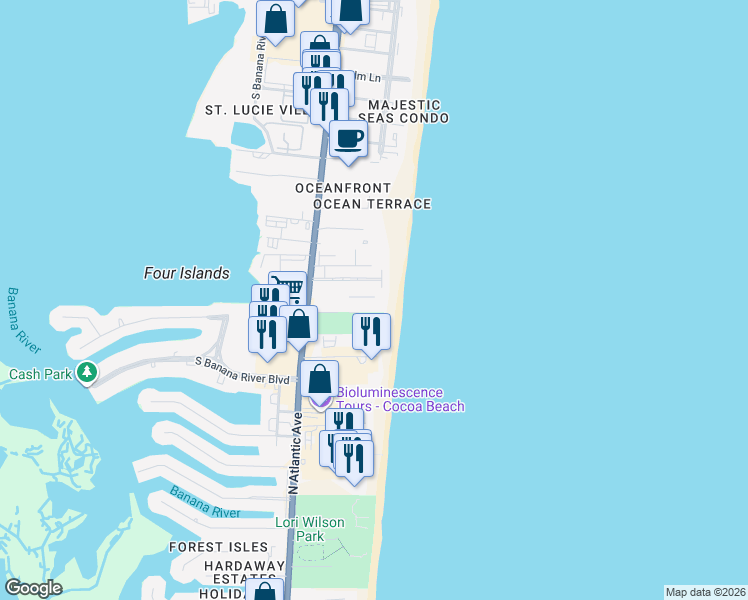 map of restaurants, bars, coffee shops, grocery stores, and more near 3060 North Atlantic Avenue in Cocoa Beach