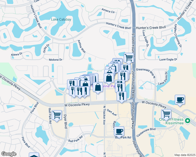 map of restaurants, bars, coffee shops, grocery stores, and more near 3201 Espinosa Drive in Kissimmee