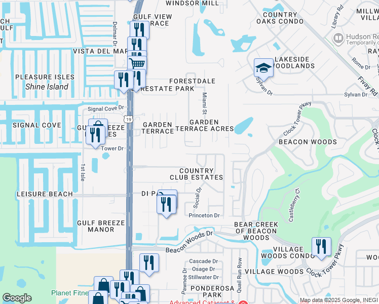 map of restaurants, bars, coffee shops, grocery stores, and more near 7301 University Drive in Hudson