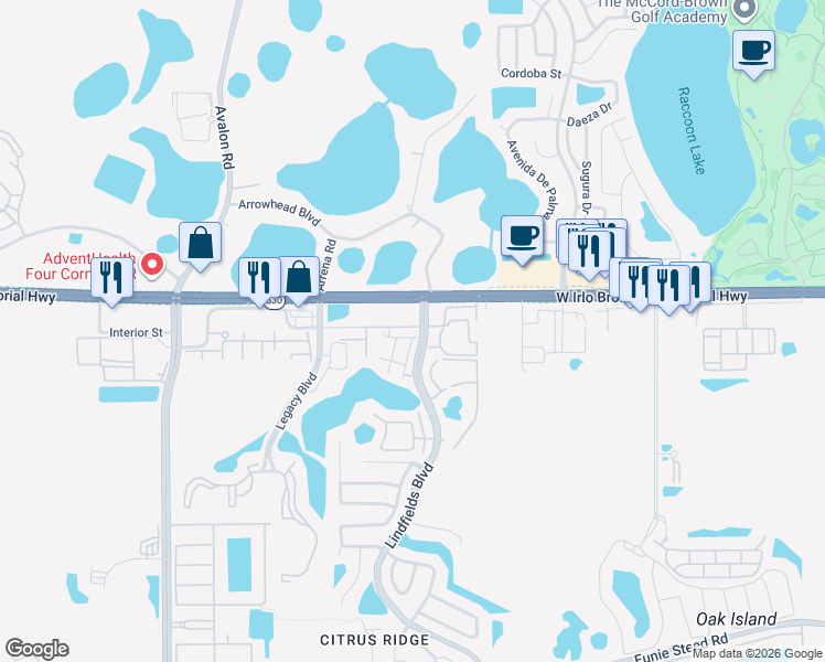 map of restaurants, bars, coffee shops, grocery stores, and more near 3210-3282 Lindfields Blvd in Kissimmee