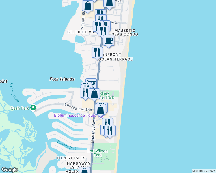 map of restaurants, bars, coffee shops, grocery stores, and more near 3010 Fisher Park Drive in Cocoa Beach