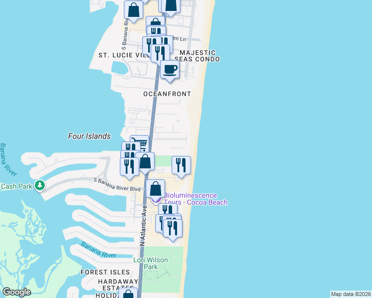 map of restaurants, bars, coffee shops, grocery stores, and more near 3060 North Atlantic Avenue in Cocoa Beach