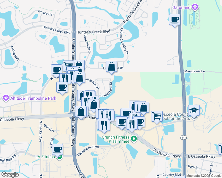 map of restaurants, bars, coffee shops, grocery stores, and more near 1140 Cypress Glen Circle in Kissimmee