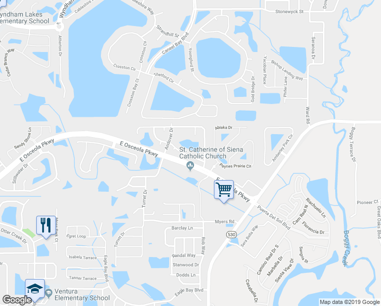 map of restaurants, bars, coffee shops, grocery stores, and more near 2729 Emerson Lane in Kissimmee