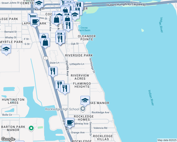 map of restaurants, bars, coffee shops, grocery stores, and more near 102 Hardee Drive in Rockledge