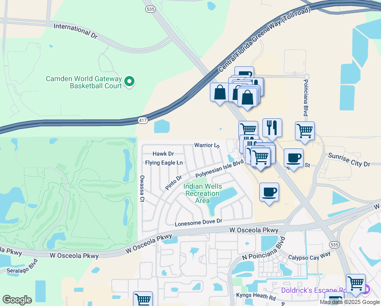 map of restaurants, bars, coffee shops, grocery stores, and more near 3265 Thunder Cloud Drive in Kissimmee