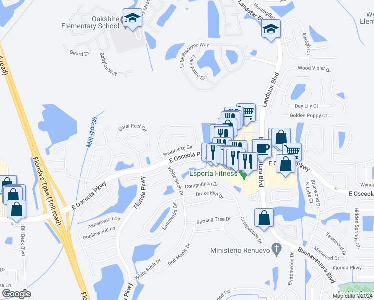 map of restaurants, bars, coffee shops, grocery stores, and more near 198 Seabreeze Circle in Kissimmee