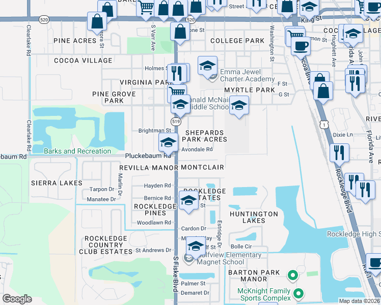 map of restaurants, bars, coffee shops, grocery stores, and more near 1008 South Fiske Boulevard in Rockledge