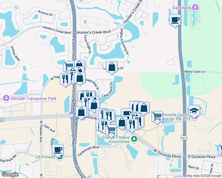 map of restaurants, bars, coffee shops, grocery stores, and more near 1140 Cypress Glen Circle in Kissimmee