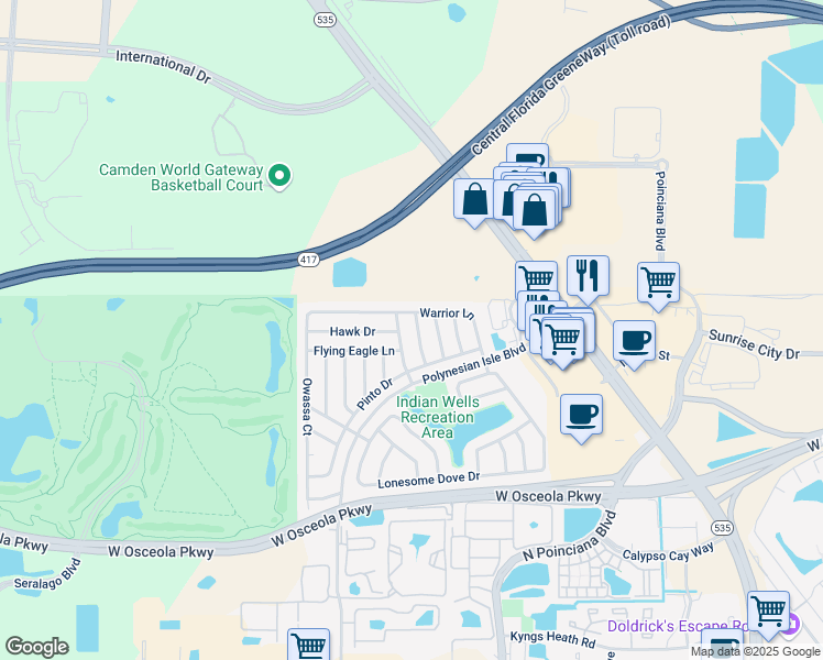 map of restaurants, bars, coffee shops, grocery stores, and more near 3265 Thunder Cloud Drive in Kissimmee