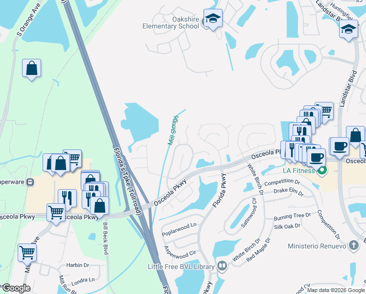 map of restaurants, bars, coffee shops, grocery stores, and more near 222 Applewood Court in Kissimmee