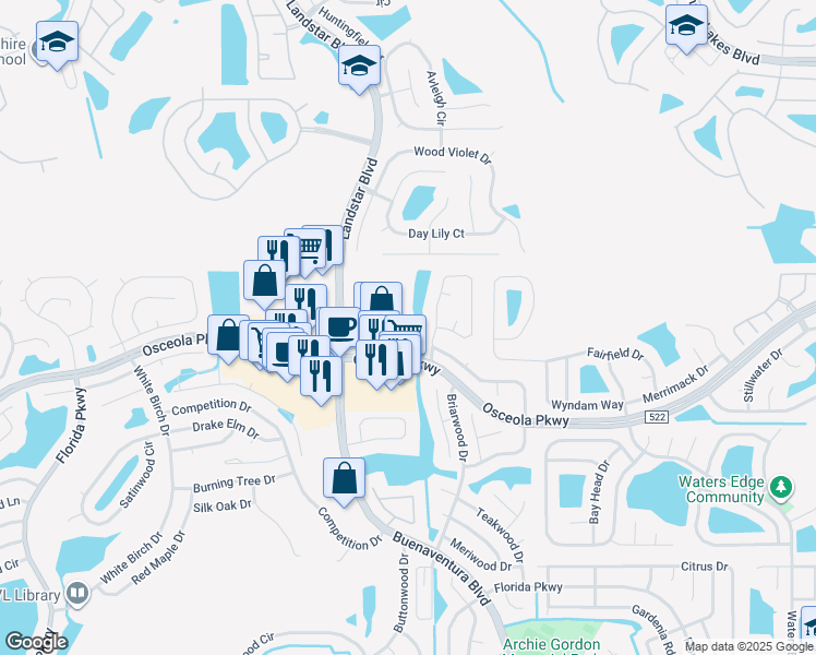 map of restaurants, bars, coffee shops, grocery stores, and more near 1019 Wood Cove in Kissimmee