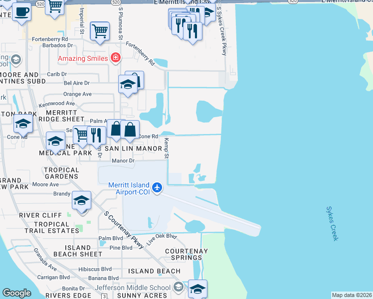 map of restaurants, bars, coffee shops, grocery stores, and more near 615 Cone Road in Merritt Island