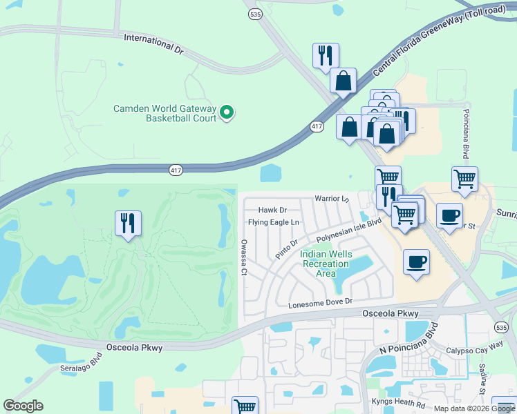 map of restaurants, bars, coffee shops, grocery stores, and more near 5360 Hawk Drive in Kissimmee