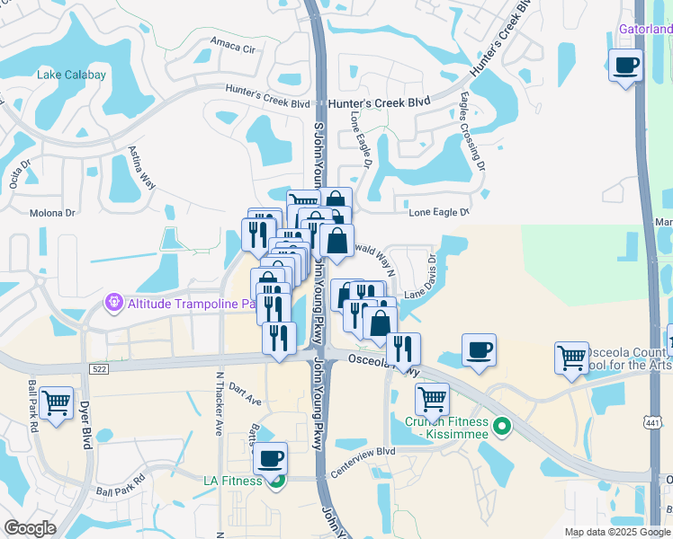 map of restaurants, bars, coffee shops, grocery stores, and more near 3280 Greenwald Way North in Kissimmee