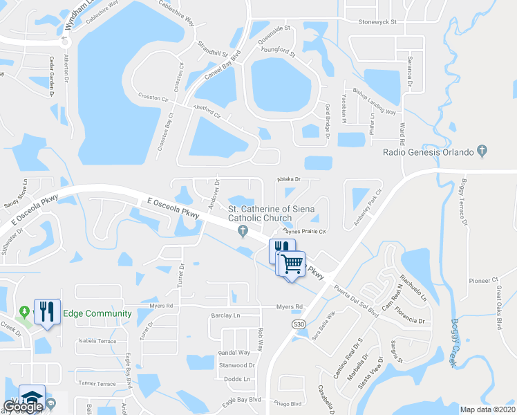 map of restaurants, bars, coffee shops, grocery stores, and more near 2735 Emerson Lane in Kissimmee