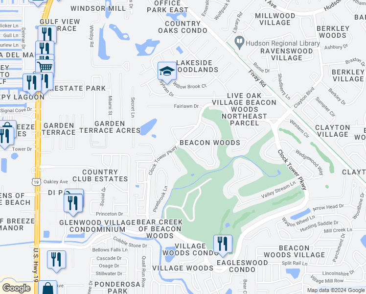 map of restaurants, bars, coffee shops, grocery stores, and more near 12902 Pebble Beach Circle in Hudson