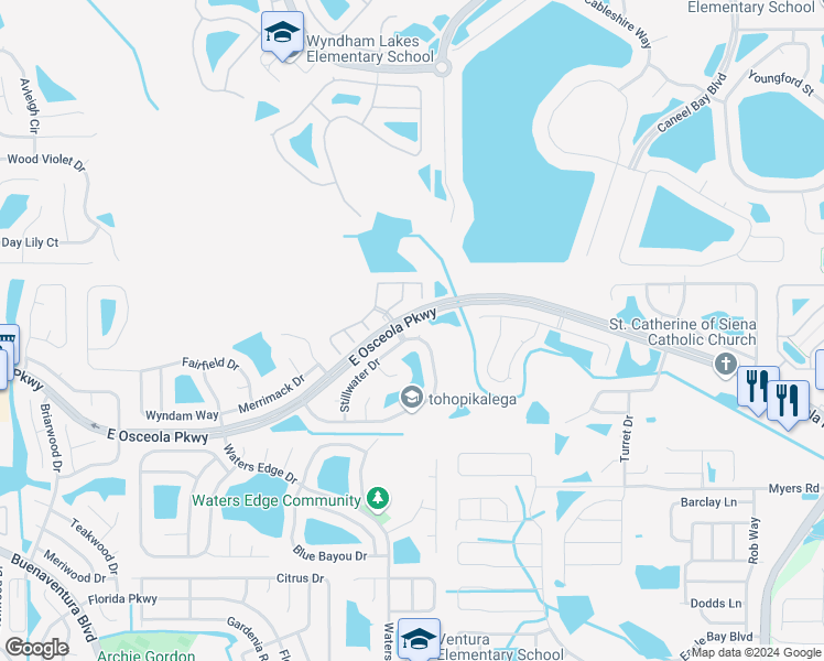 map of restaurants, bars, coffee shops, grocery stores, and more near 2996 Stillwater Drive in Kissimmee